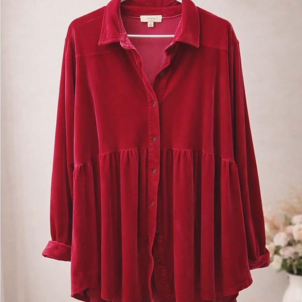 Umgee Red Velvet Button-Down Peplum Shirt